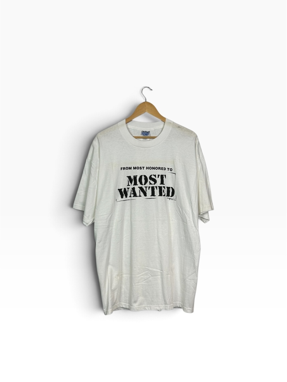 Gildan Heavyweight Cotton White Graphic T-Shirt Size XL - Most Wanted Print